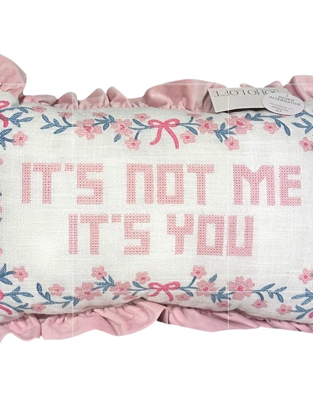 IT’S NOT ME IT’S YOU Needlepoint Pink Velvet Ruffle Trim Bed Toss Pillow 12x20